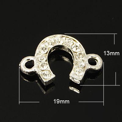 PandaHall Zinc Alloy Links, Horseshoe Pendants, with Rhinestone Beads, Grade A, Silver, 19x13x3mm Alloy+Rhinestone Alphabet