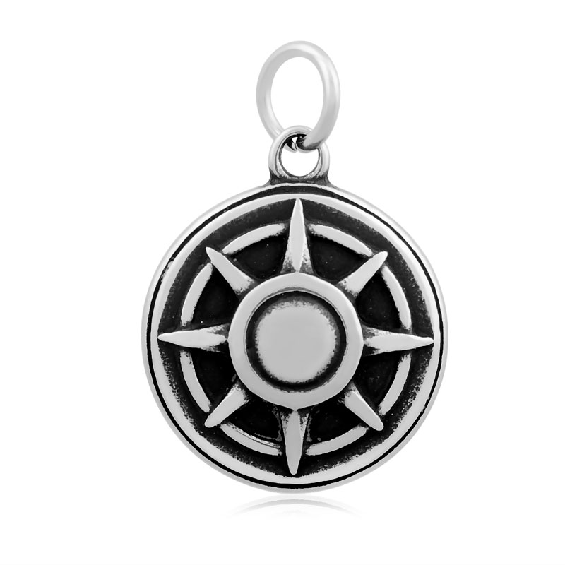 PandaHall Flat Round with Compass 316 Stainless Steel Pendants, Antique Silver, 23x19.5x4mm, Hole: 5mm Stainless Steel Flat Round