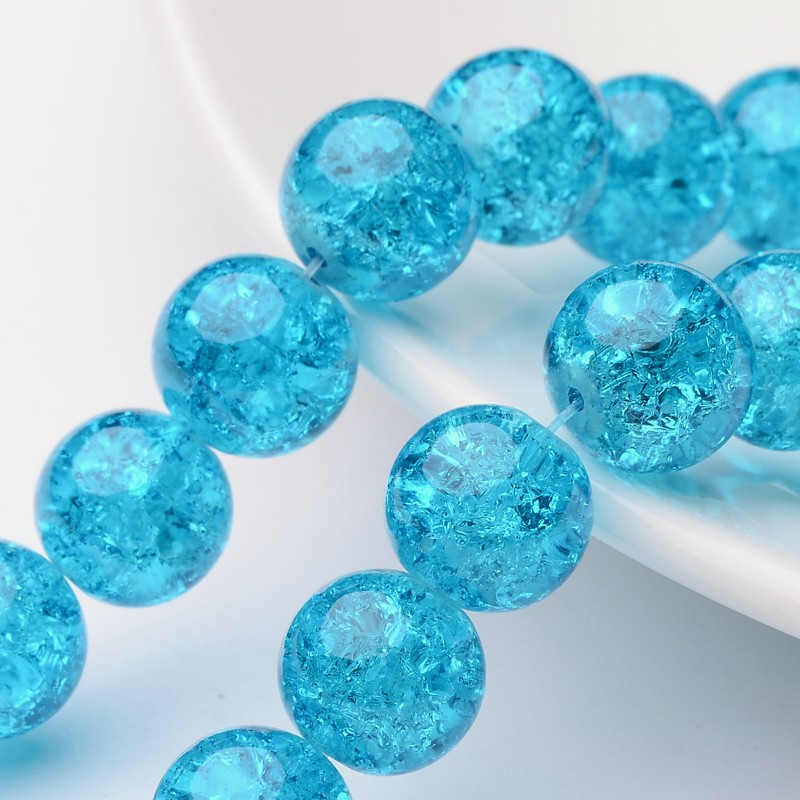 PandaHall 1 Strand DeepSkyBlue Transparent Crackle Glass Round Beads Strands, 12mm, Hole: 1.3~1.6mm; about 66pcs/strand, 31.4" Round Blue