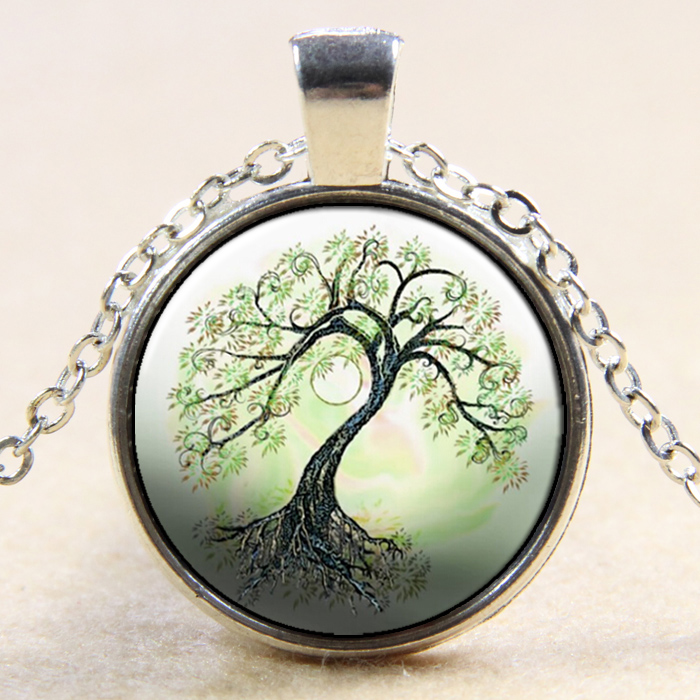 PandaHall Tree Of Life Pattern Flat Round Glass Pendant Necklaces, with Alloy Chains, Silver, 18" Alloy