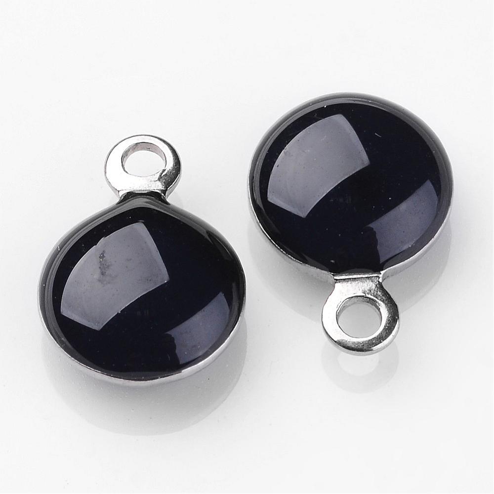 PandaHall Stainless Steel Enamel Charms, Flat Round, Black, 11x8x3mm, Hole: 1mm Stainless Steel+Enamel Flat Round Black