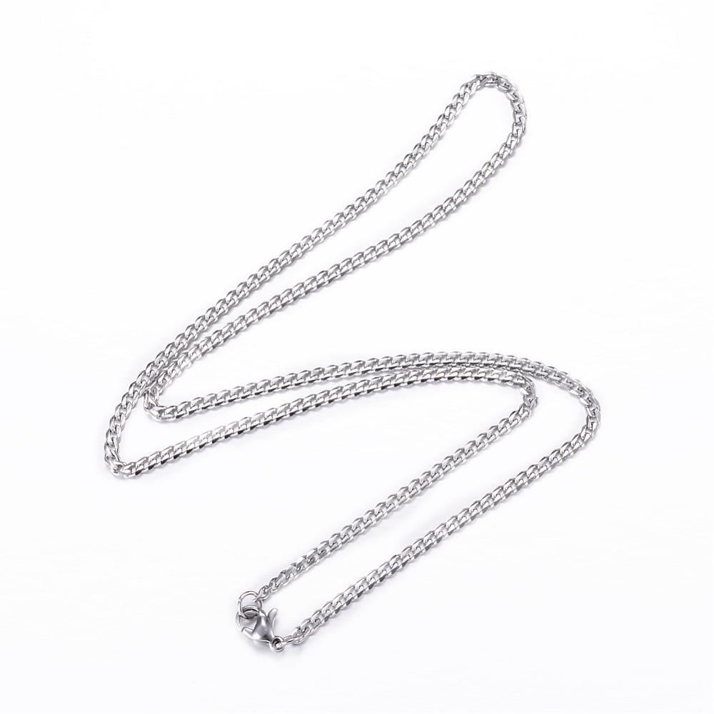 PandaHall 304 Stainless Steel Curb Chain Necklaces, with Lobster Claw Clasps, Stainless Steel Color, 19.7"(50cm); 3mm Stainless Steel