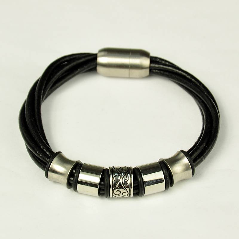 PandaHall Leather Cord Bracelets, with Stainless Steel Beads and Magnetic Clasps, Black, 210mm Leather Black