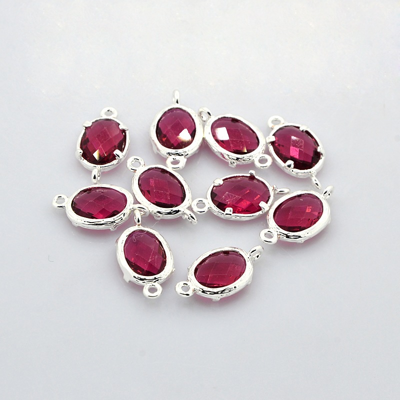 PandaHall Nickel Free Silver Tone Brass Glass Links, Oval, Cerise, 18x10x3mm, Hole: 1mm Glass Oval Red
