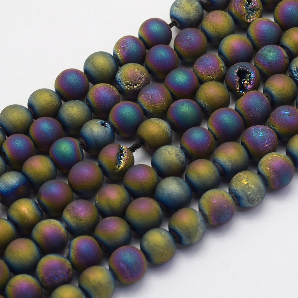 PandaHall Electroplate Natural Druzy Agate Beads Strands, Round, Frosted, Multi-color Plated, 8mm, Hole: 1mm; about 48pcs/strand, 14.9''...