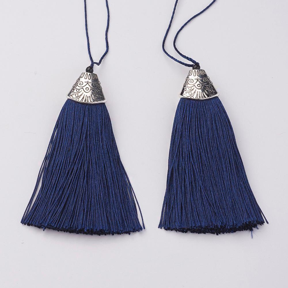 PandaHall Nylon Tassels Big Pendant Decorations, with CCB Plastic, Antique Silver, PrussianBlue, 85x20x10.5mm Nylon Blue