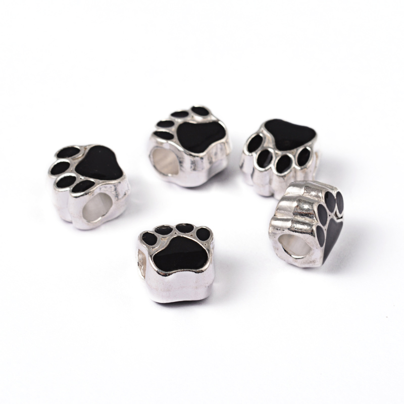 PandaHall Alloy Enamel European Beads, Large Hole Beads, Dog Paw Print, Silver Metal Color, Black, 11x11x7.5mm, Hole: 4mm Alloy+Enamel Dog...