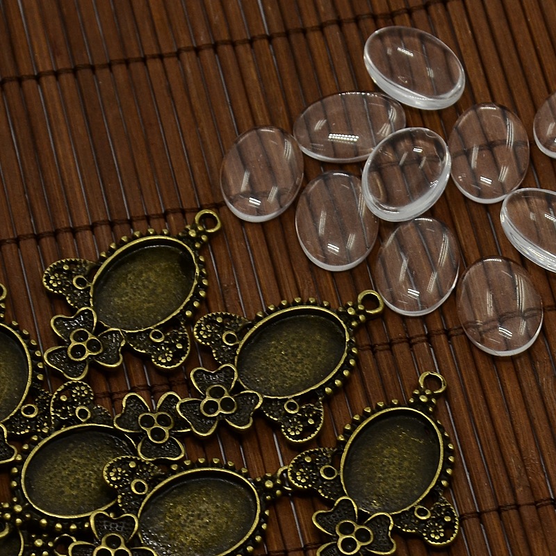 PandaHall 18x13mm Transparent Clear Glass Cabochons and Alloy Pendant Cabochon Settings, Cadmium Free & Nickel Free & Lead Free, Antique...