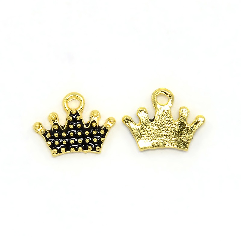 PandaHall Nickel Free Golden Tone Alloy Enamel Pendants, Crown Charms, Black, 10x13x2mm, Hole: 1mm Alloy+Enamel Crown Black