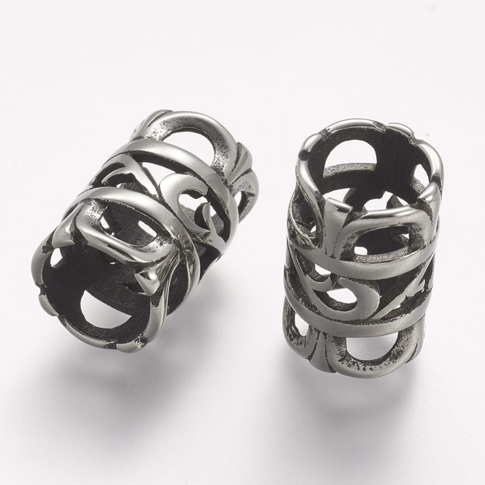 PandaHall 304 Stainless Steel Beads, Column, Hollow, Large Hole Beads, Antique Silver, 17x11mm, Hole: 8.2mm Stainless Steel Column