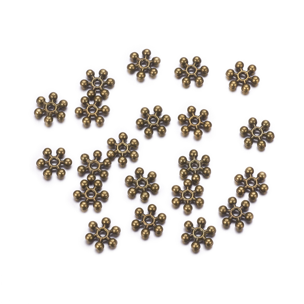 PandaHall Tibetan Style Alloy Beads Spacers, Snowflake, Antique Bronze, about 8x2mm, Hole: 1mm; about 1660pcs/500g Alloy Snowflake