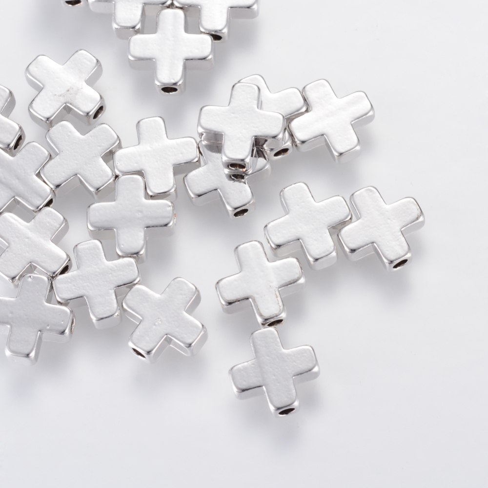 PandaHall Brass Beads, Real Platinum Plated, Cross, Real Platinum Plated, 8x8x3mm, Hole: 1.5mm Brass Cross