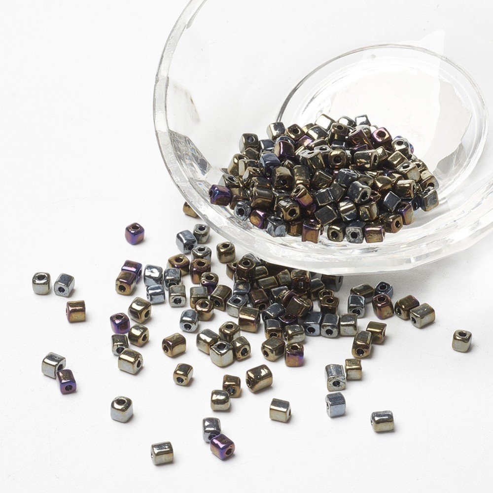 PandaHall Plated Glass Seed Beads, Round Hole, Cube, Black Plated, 3~7x3x3mm, Hole: 0.5mm; about 500pcs/50g Glass Cube
