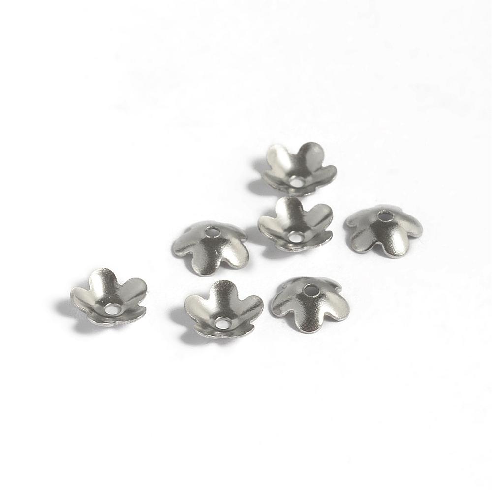 PandaHall 304 Stainless Steel Bead Caps, Flower, 5-Petal, Stainless Steel Color, 6x2mm, Hole: 1mm Stainless Steel