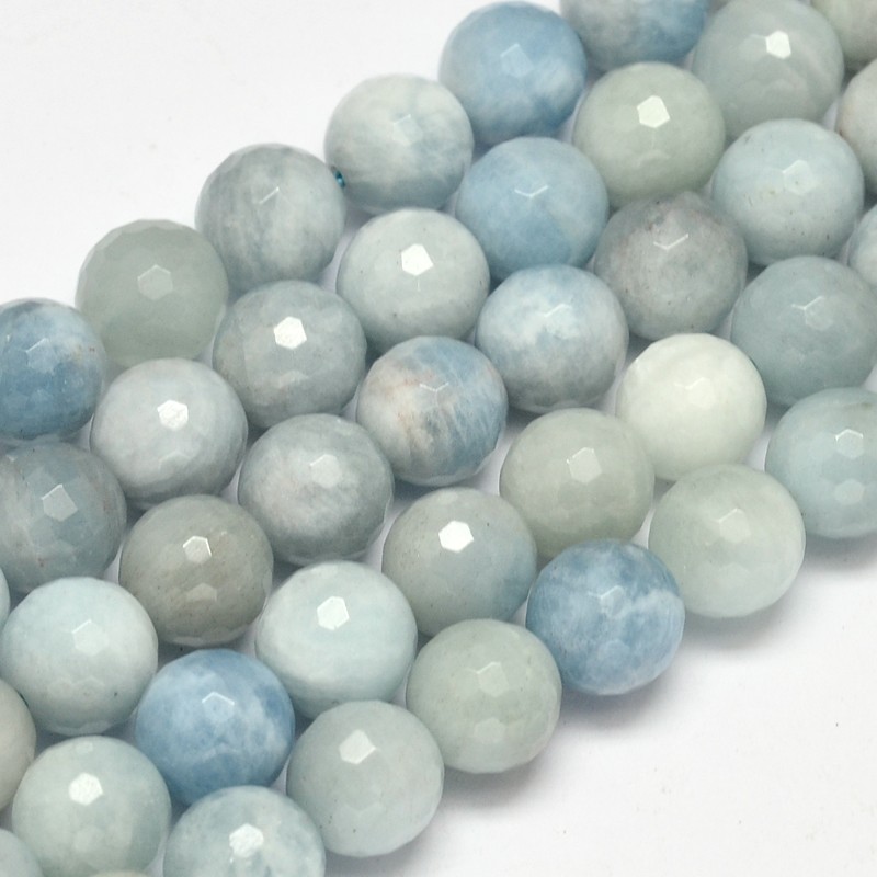 PandaHall Faceted Round Grade AB Natural Aquamarine Bead Strands, 10mm, Hole: 1mm; about 39pcs/strand, 15.5" Aquamarine Round