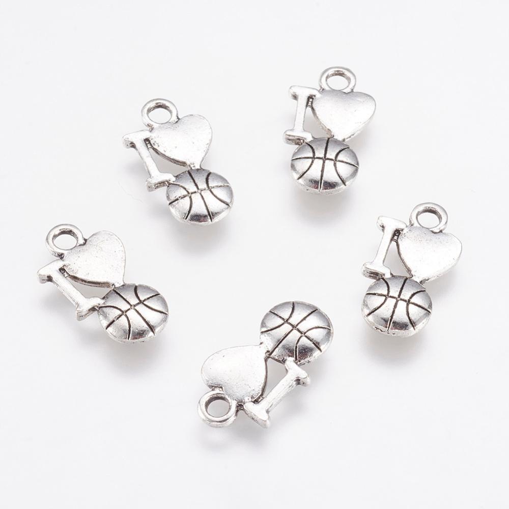 PandaHall Alloy Pendants, Phrase I Love Basketball, Antique Silver, 16x9x2.5mm, Hole: 2mm Alloy Sports Goods