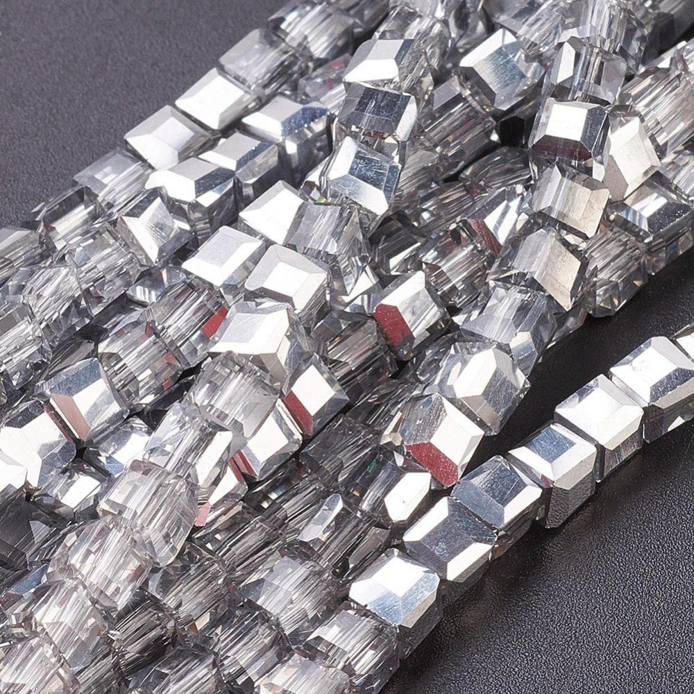 PandaHall Electroplate Glass Beads Strands, Half Plated, Faceted Cube, Silver, 4x4x4mm, Hole: 1mm; about 100pcs/strand, 16.9" Cube Silver