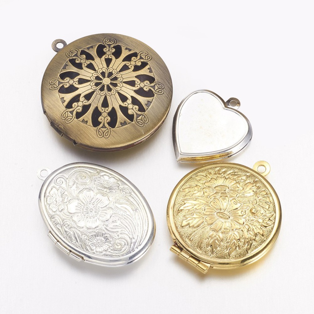PandaHall Brass Locket Pendants, Photo Frame Charms for Necklaces, Mixed Shapes, Mixed Color, about 32~42mm in diameter, 6~10mm thick, hole...