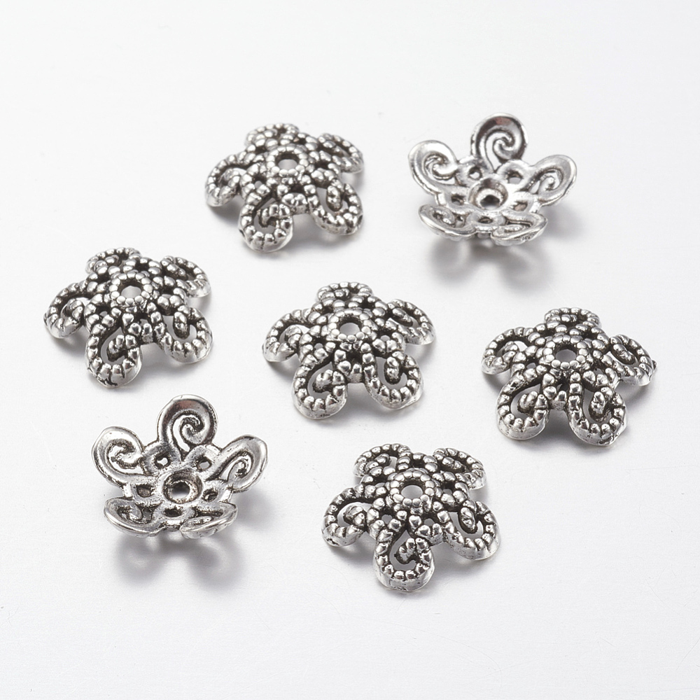 PandaHall Antique Silver Tibetan Silver Hollow Flower Bead Caps, Lead Free & Cadmium Free, about 12mm in diameter, 3.5mm thick, hole: 1mm...