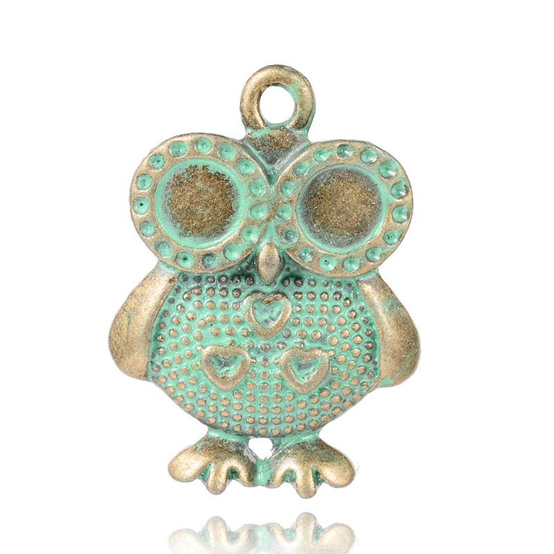 PandaHall Owl Alloy Pendant Cabochon Settings, Nickel Free, Antique Bronze & Green Patina, 30x22x4mm, Hole: 2mm; Tray: 6mm; Fit for 1mm...