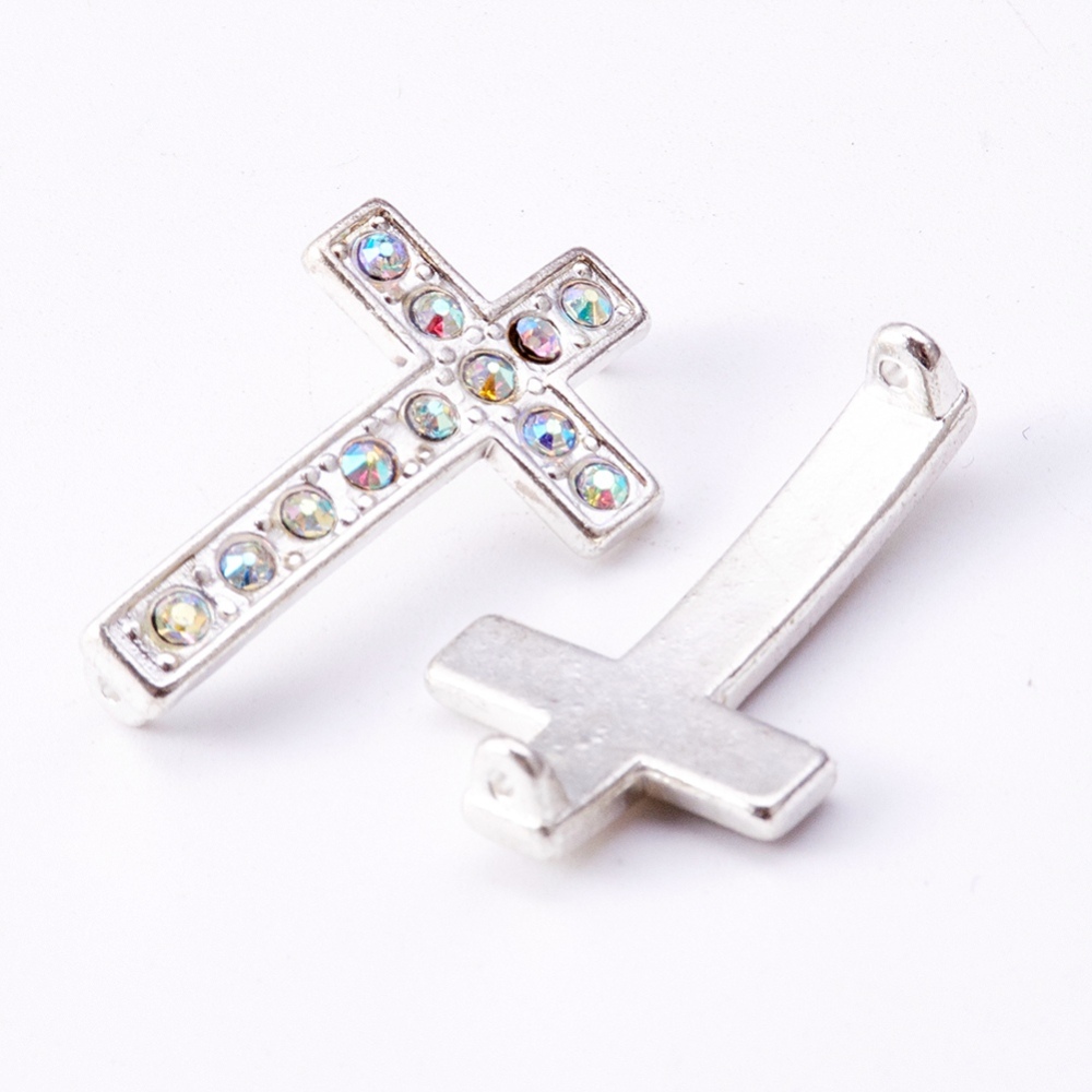 PandaHall Alloy Rhinestone Links, Cross, Silver Color, Size: about 17mm wide, 29mm long, 5.5mm thick, hole: 2mm Alloy+Rhinestone Cross Clear