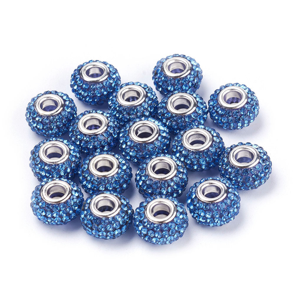 PandaHall Grade A Rhinestone European Beads, Large Hole Beads, Resin, with Silver Color Brass Core, Rondelle, Sapphire, 15x10mm, Hole: 5mm...