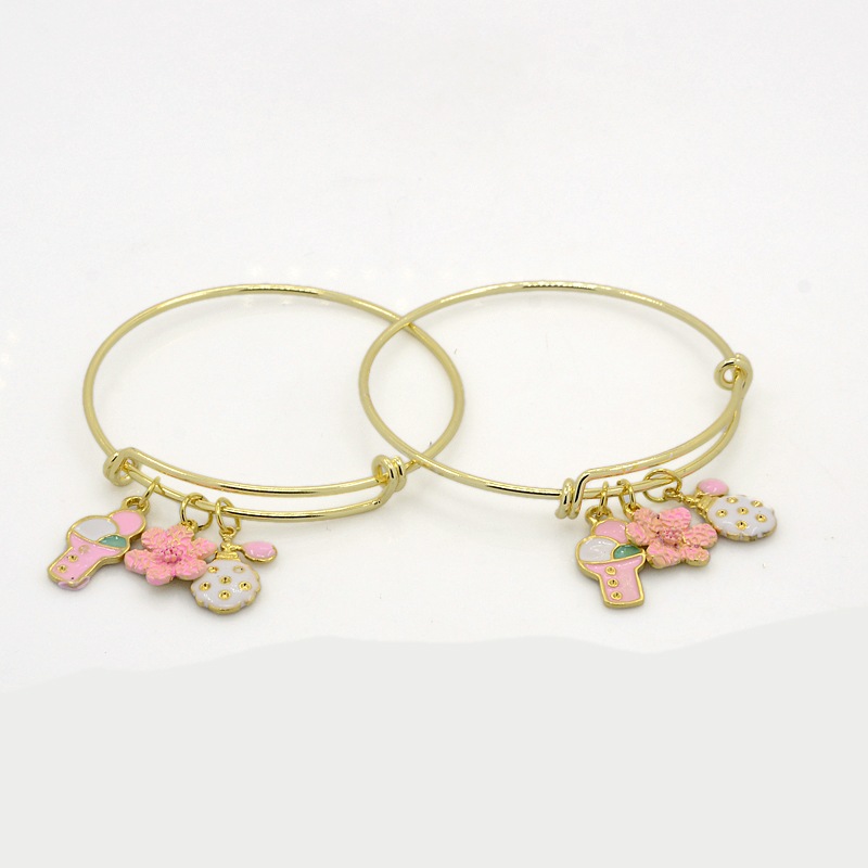 PandaHall Adjustable Golden Tone Brass Bangles Expandable Bangles, with Alloy Enamel Charms, Ice-cream & Flower & Perfume Bottle, Colorful...