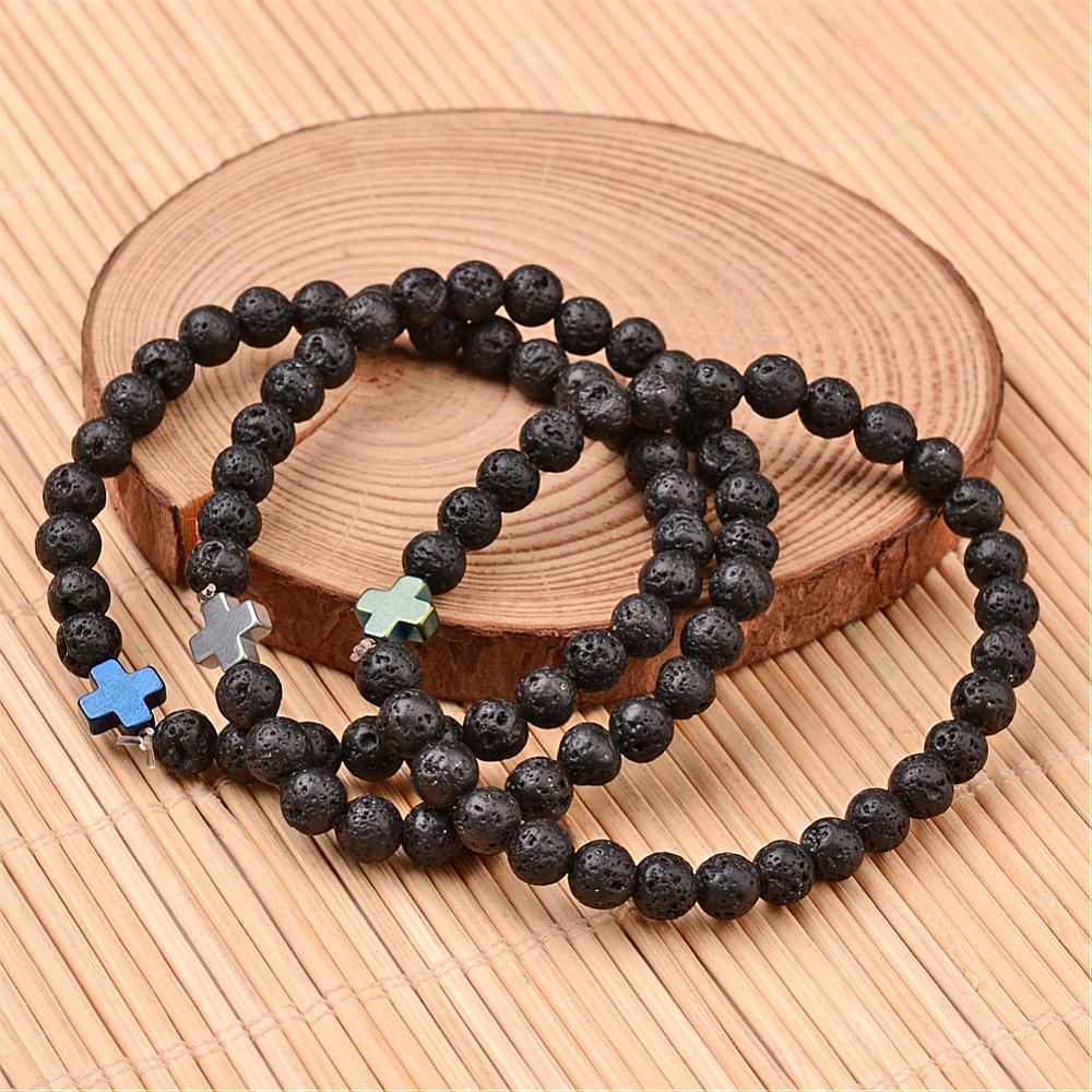 PandaHall Cross Natural Lava Beaded Stretch Bracelets, with Non-magnetic Hematite Beads, Black, 54mm Lava Black