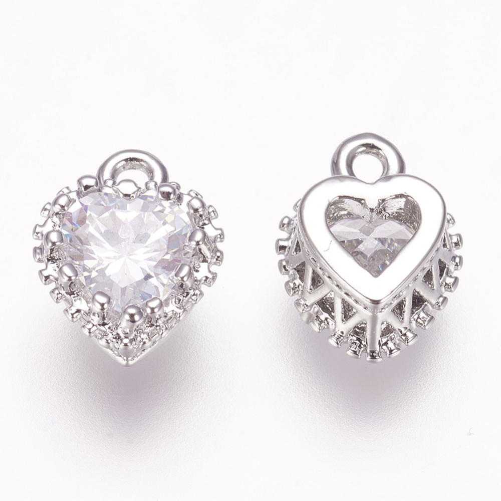 PandaHall Brass Cubic Zirconia Charms, Heart, Real Platinum Plated, 9x7x5mm, Hole: 1mm Brass+Cubic Zirconia Heart