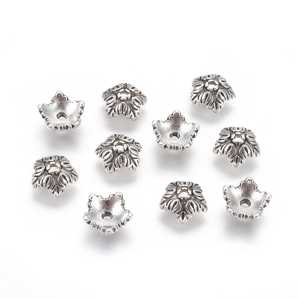 PandaHall Tibetan Style Bead Caps, Lead Free & Nickel Free, 5-Petal, Flower, Antique Silver, 10x4mm, Hole: 1mm Alloy