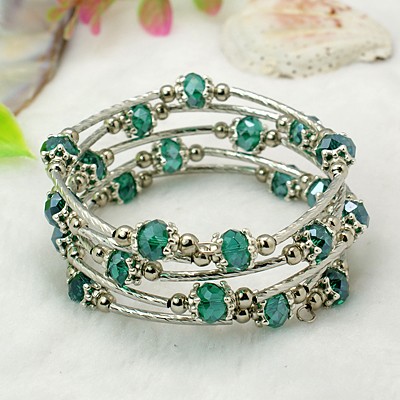PandaHall Fashion Wrap Bracelets, with Rondelle Glass Beads, Tibetan Style Bead Caps, Brass Tube Beads and Steel Memory Wire, Teal, Inner...