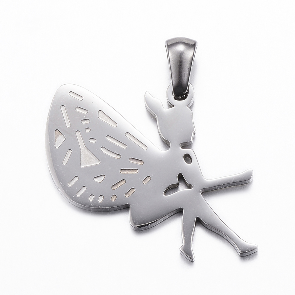 PandaHall 304 Stainless Steel Pendants, Fairy, Stainless Steel Color, 28x21x1.5mm, Hole: 3x5mm Stainless Steel Angel & Fairy