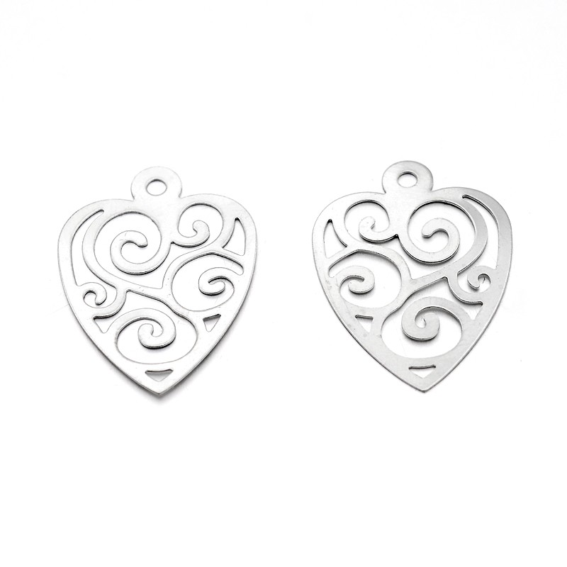 PandaHall Original Color Heart with Floral Pattern 304 Stainless Steel Slice Pendants, Stainless Steel Color, 28x20x0.3mm, Hole: 1.5mm...