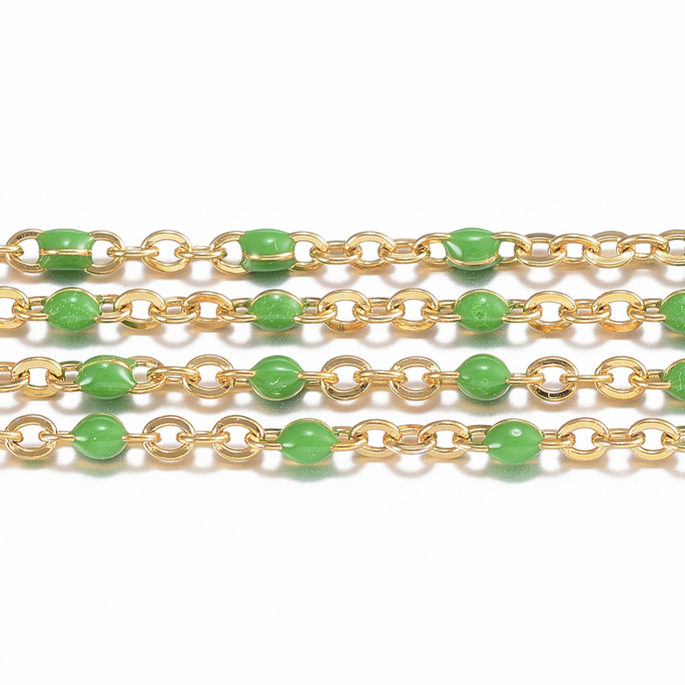 PandaHall 304 Stainless Steel Cable Chains, with Spool, with Enamel, Golden, Green, Links: 2x1.5x0.5mm; 10m/Roll Stainless Steel Green