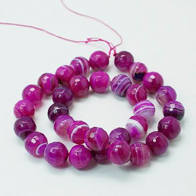 PandaHall Natural Agate Beads Strands, Dyed, Faceted, Round, Magenta, 8mm, Hole: 1mm; about 48pcs/strand, 15.7" Natural Agate Round Pink