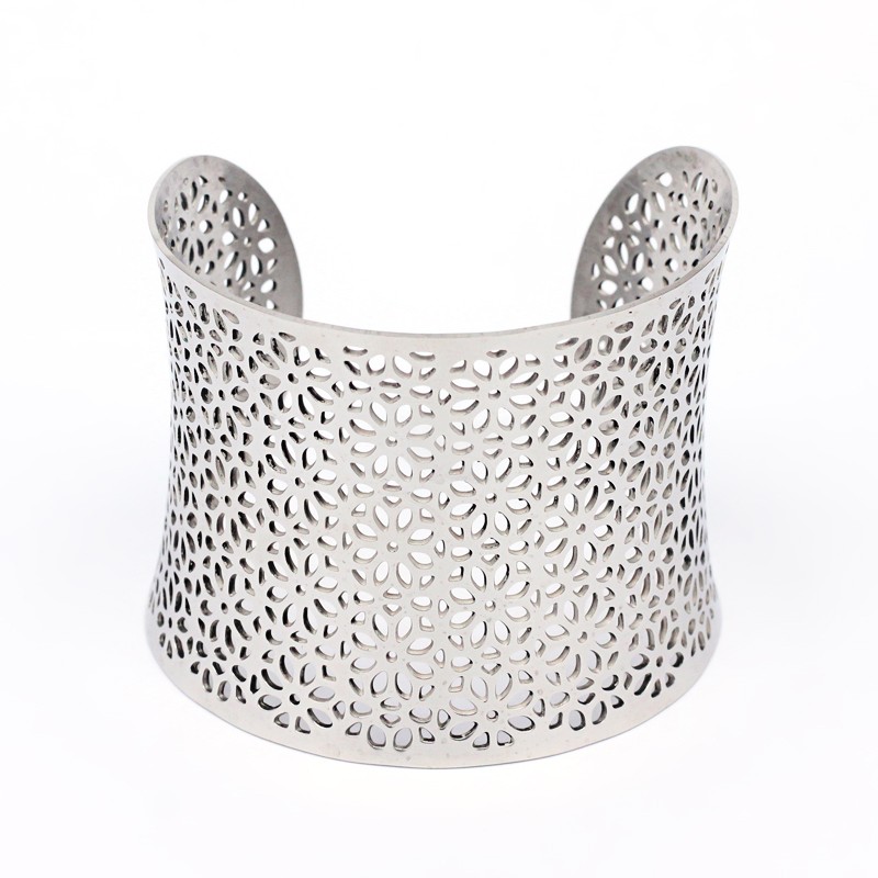 PandaHall Hollow 304 Stainless Steel Wide Band Cuff Bangles, Stainless Steel Color, 59mm Stainless Steel