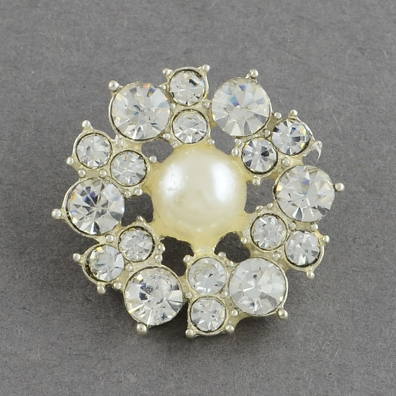 PandaHall Shining Flower Alloy Grade A Crystal Rhinestone Shank Buttons, with ABS Plastic Imitation Pearl Beads, 1-Hole, Silver, Crystal...
