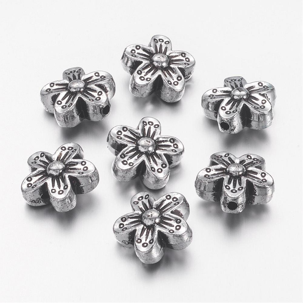 PandaHall Antique Silver Flower Acrylic Beads, 15mm in diameter, 8mm thick, hole: 1.5mm Acrylic Flower