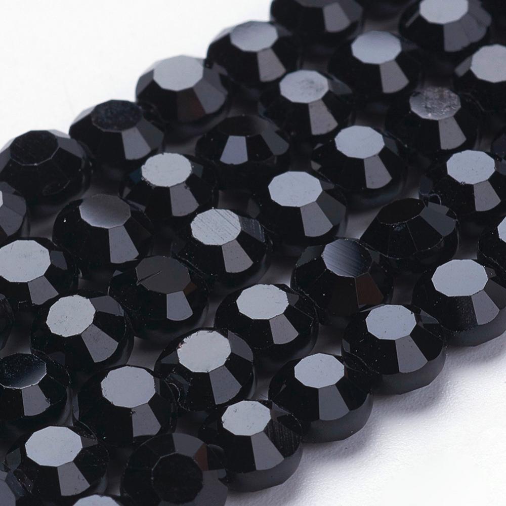 PandaHall Glass Beads Strands, Faceted, Flat Round, Black, 6x4mm, Hole: 1mm; about 72pcs/strand, 15.7" Glass Flat Round Black
