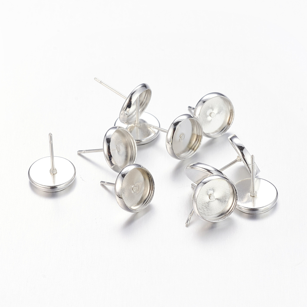 PandaHall Silver Color Brass Earring Settings, Cadmium Free & Lead Free & Nickel Free, about 10mm wide, 12mm long, Tray: 8mm, Pin: 1mm Brass