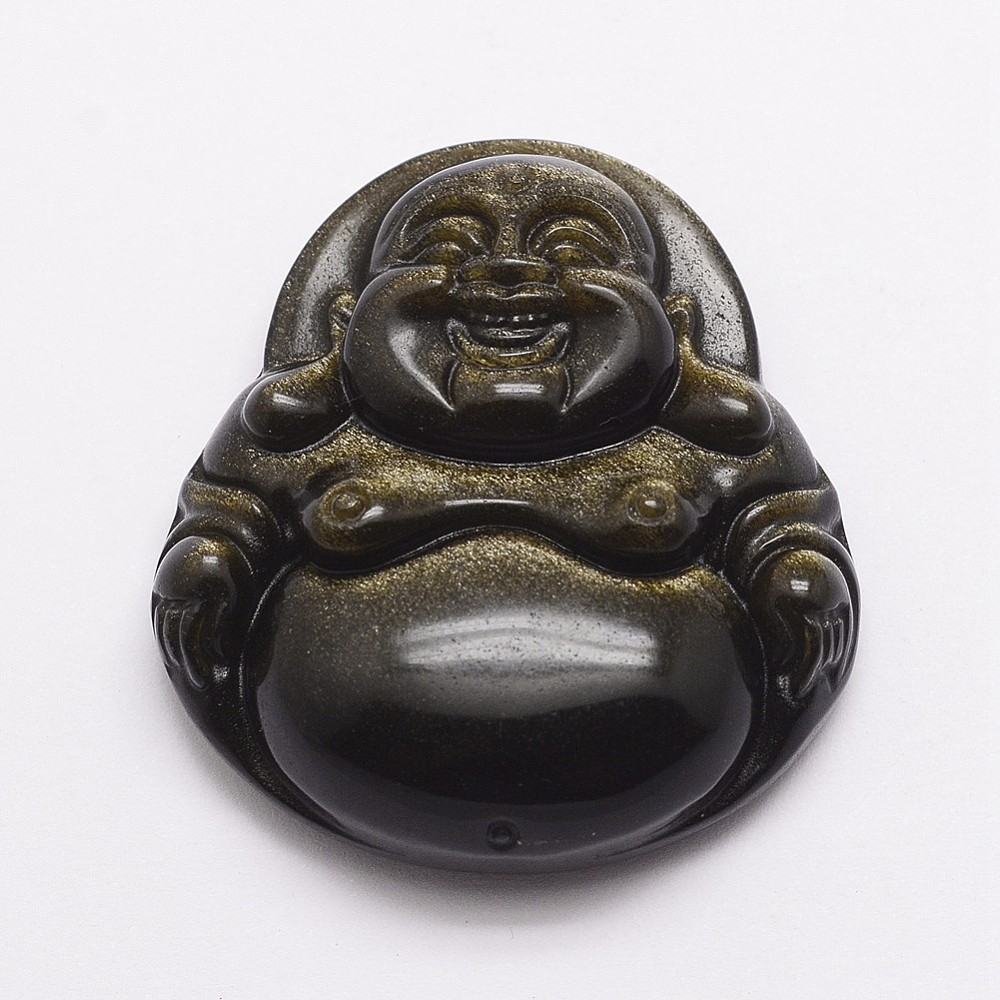PandaHall Natural Golden Sheen Obsidian Carven Pendants, Buddha, DarkKhaki, 41x38x12mm, Hole: 2mm Obsidian Human Yellow