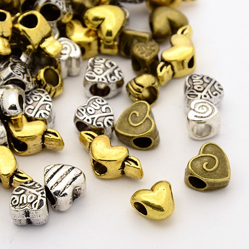 PandaHall Tibetan Style Alloy European Heart Beads, Large Hole Beads, Mixed Color, 9~10.5x7.5~11x7.5~8mm, Hole: 5mm Alloy Heart