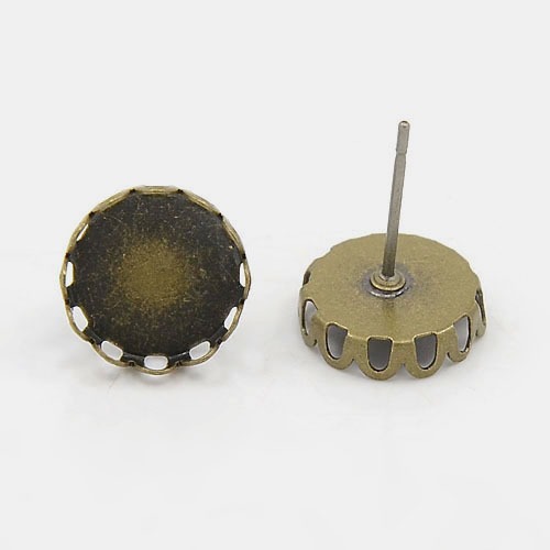 PandaHall Brass Ear Studs, Antique Bronze, Size: about 14mm long; flat round: about 10mm inner diameter; pin: about 0.7mm thick Brass