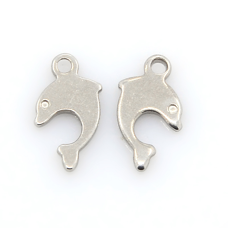 PandaHall 304 Stainless Steel Fish Charms, Dolphin Pendants, Stainless Steel Color, 12x8x1mm, Hole: 1mm Stainless Steel Dolphin