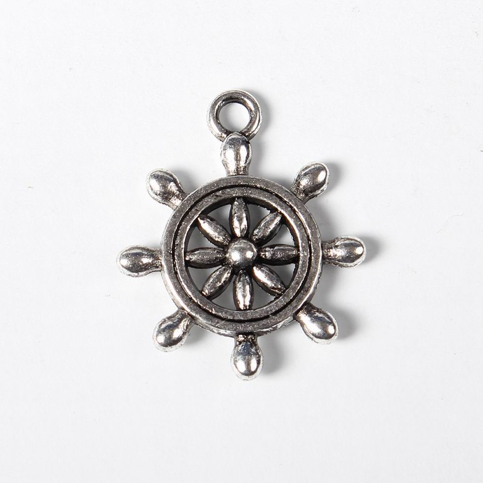 PandaHall Tibetan Style Pendants, Lead Free, Ship's Wheel, Lead Free, Antique Silver, 23x19x3.5mm, Hole: 2mm Alloy Anchor & Helm
