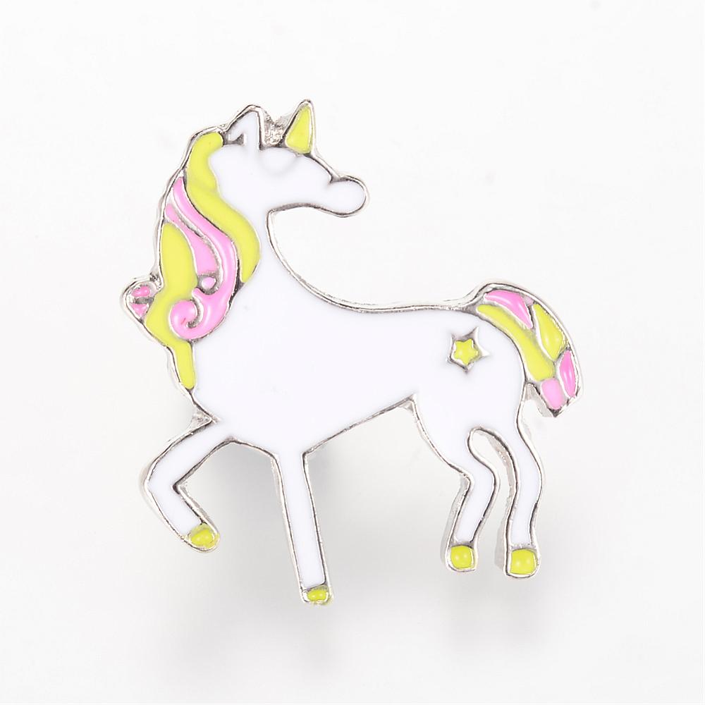 PandaHall Alloy Enamel Brooches, with Brass Finding, Horse, Platinum, White, 26.5x25mm; Pin: 1.2mm Alloy White
