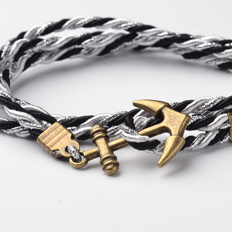 PandaHall Two Loops Polyester Cord Wrap Bracelets, with Anchor Antique Bronze Tone Alloy Findings, Colorful, 415x3mm Mixed Material