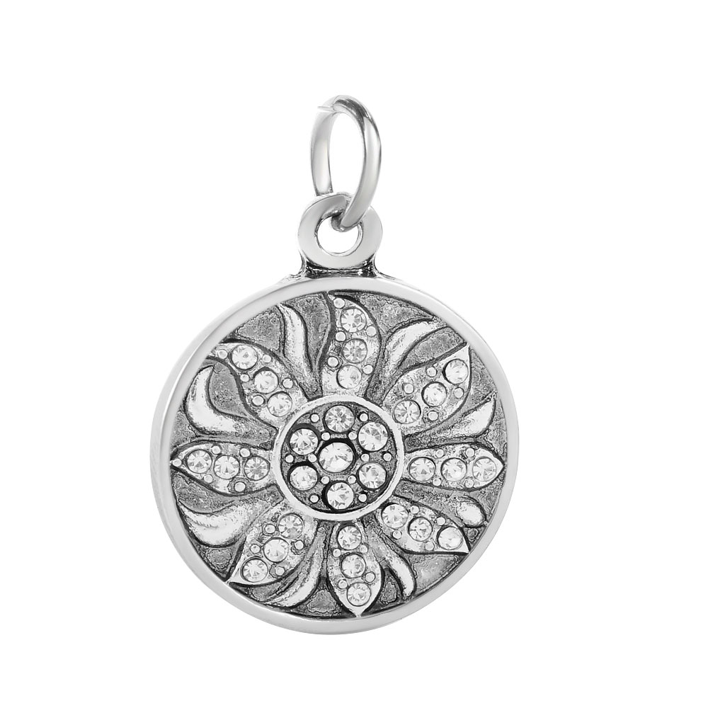 PandaHall Alloy Rhinestones Pendants, Flat Round with Sun, Antique Silver, 23x19.5x2mm, Hole: 4mm; Jumpring: 6x1mm Alloy+Rhinestone Flat...