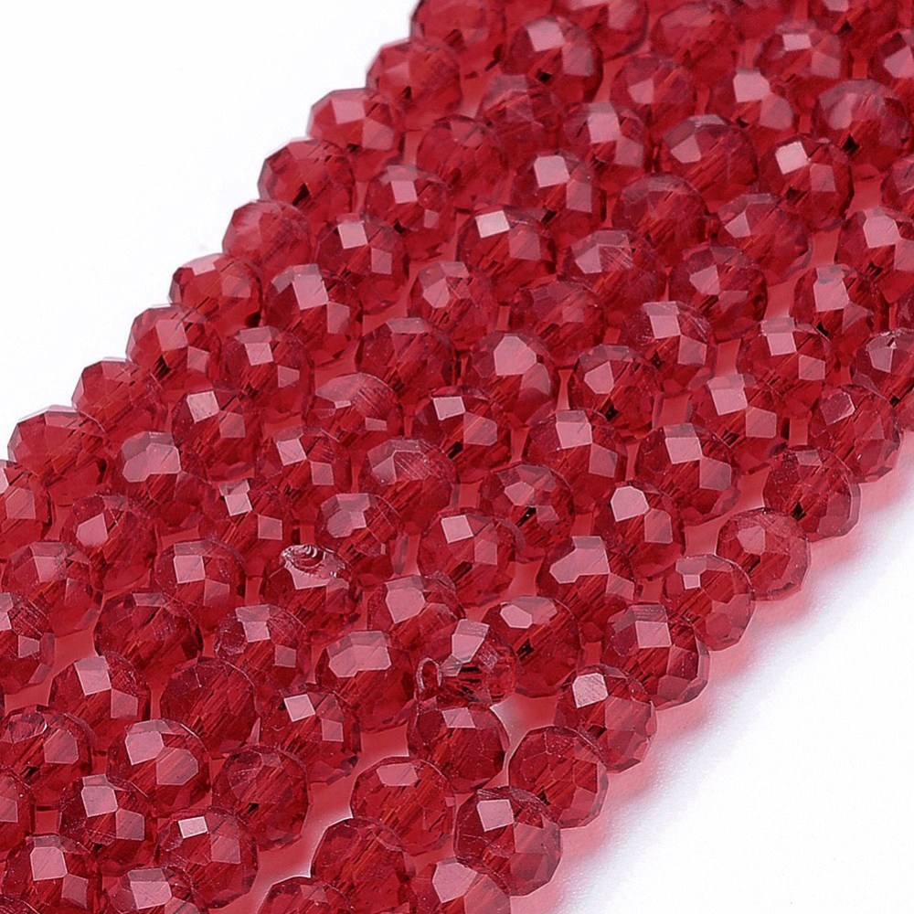 PandaHall Transparent Glass Bead Strands, Faceted, Rondelle, DarkRed, 4x3mm, Hole: 1mm; about 149pcs/strand, 18.1" Glass Rondelle Red