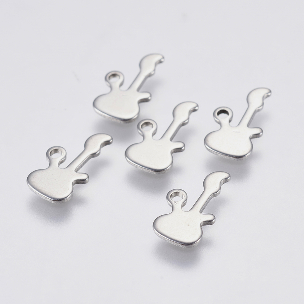 PandaHall 304 Stainless Steel Charms, Guitar, Stainless Steel Color, 12x6.5x0.8mm, Hole: 1mm Stainless Steel Musical Instruments